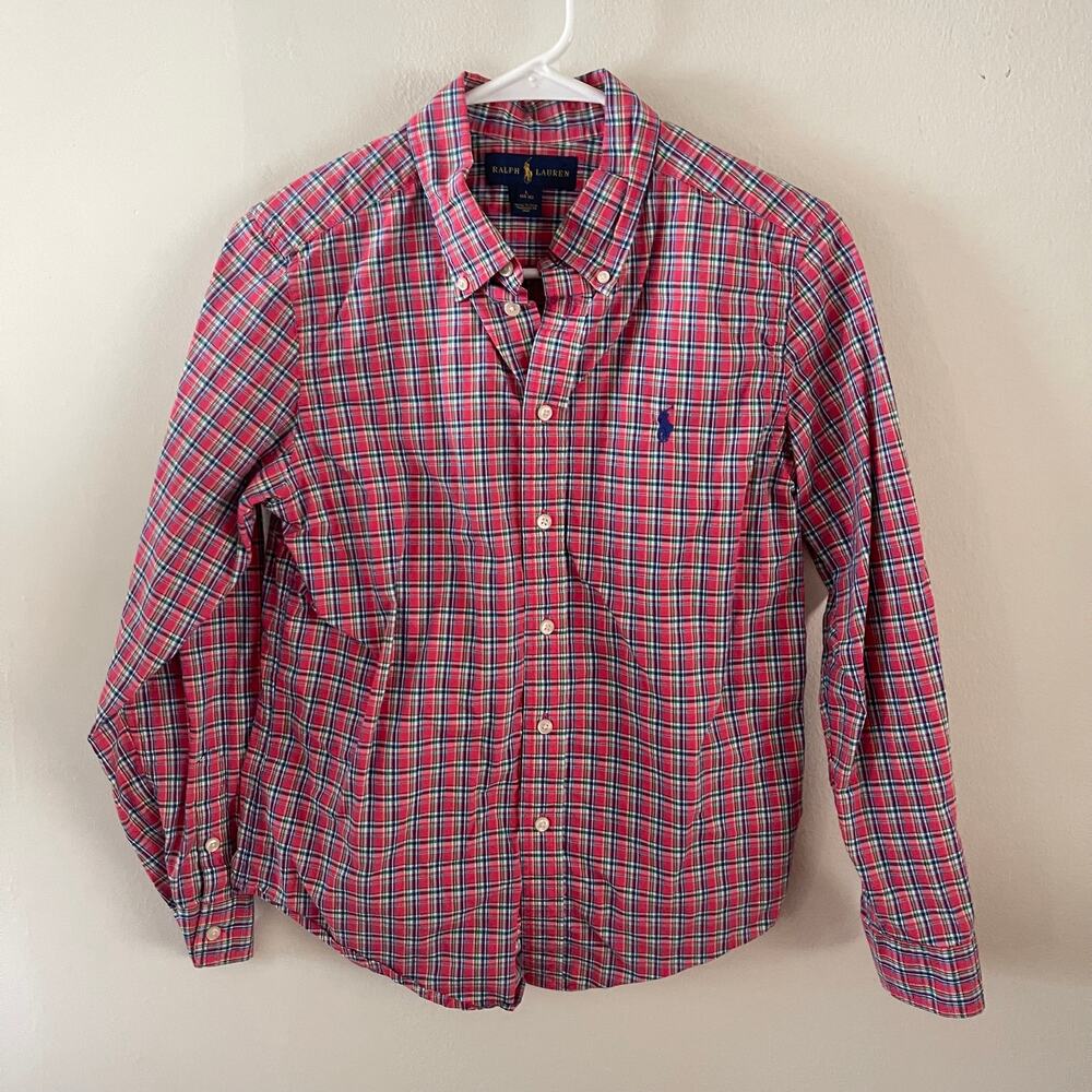 Ralph Lauren Boys Large 14/16 Red Tattersall Plaid Button Down Shirt Sleeve